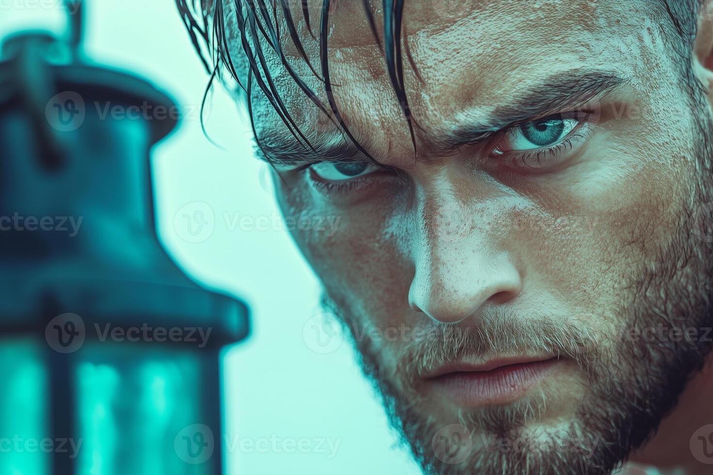 Dark-eyed pirate holds a lantern on a misty deserted island under the moonlight, captured in a striking close-up photo