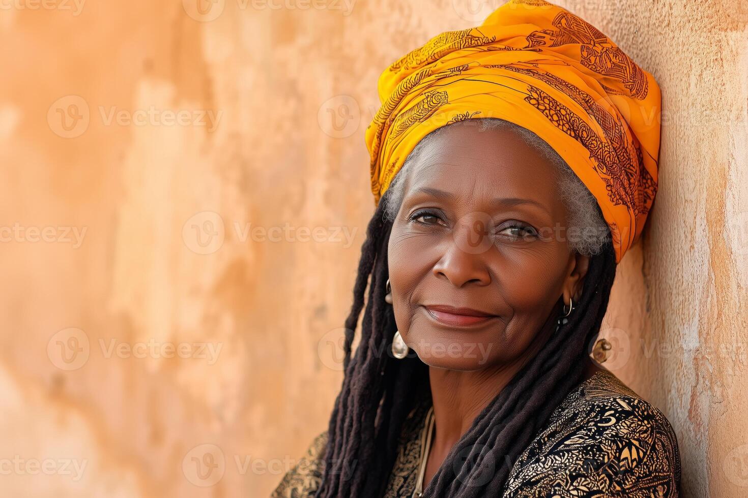 A serene older woman with long dreadlocks and an orange-yellow head wrap against a warm textured wall at sunset photo