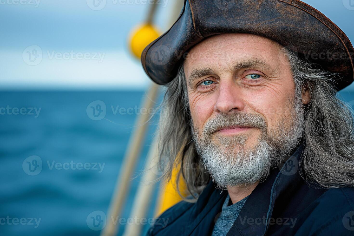Bearded pirate with gray hair and eye patch on a ship at sea during an evening storm photo