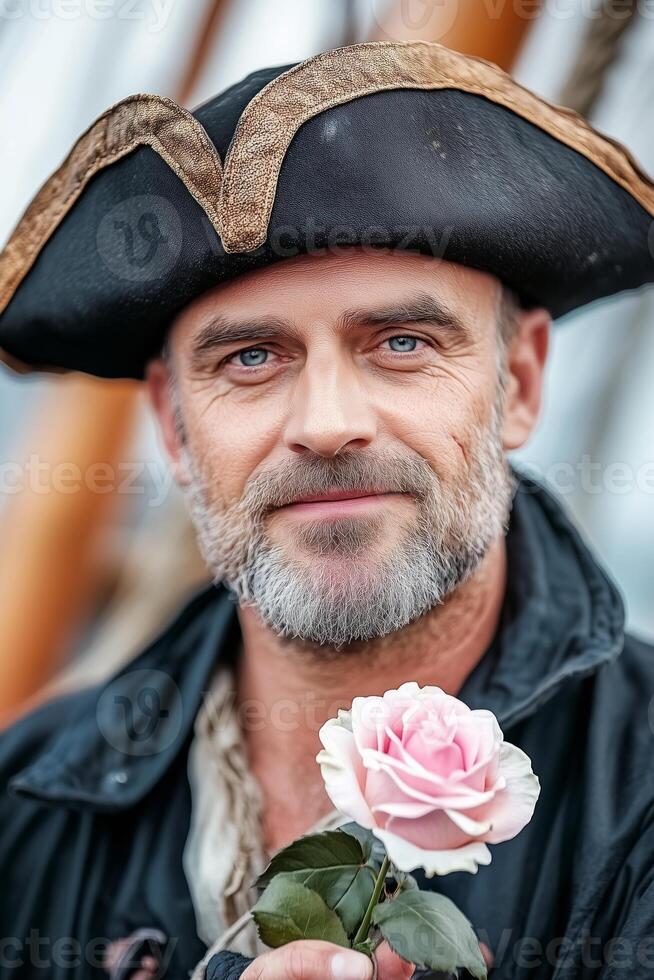 Male pirate seated on a ships deck holding a delicate rose with a calm expression in a josei style close-up photo