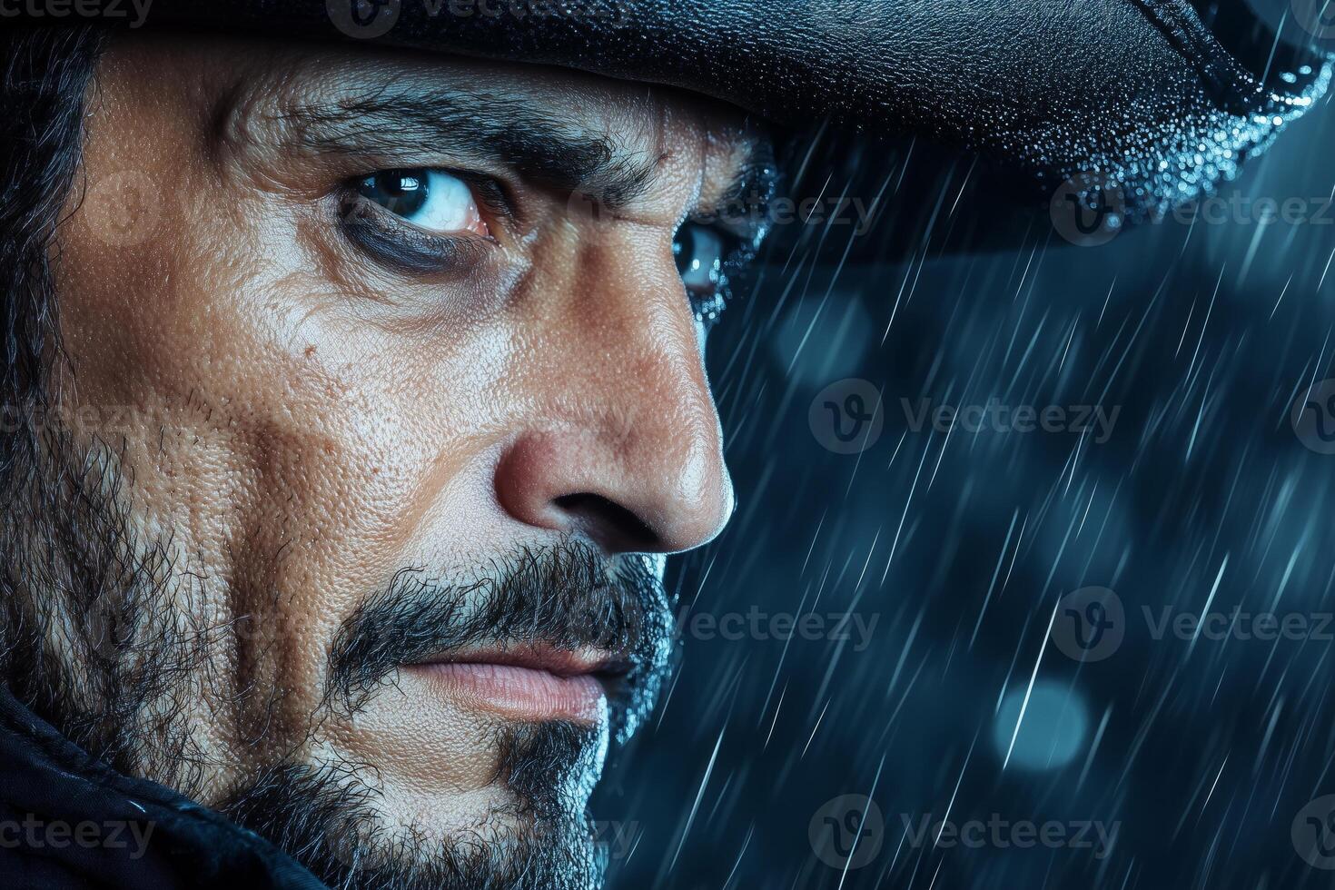 A gritty pirate with a deep scar stands resolutely on the edge of his ship during a stormy night at sea photo