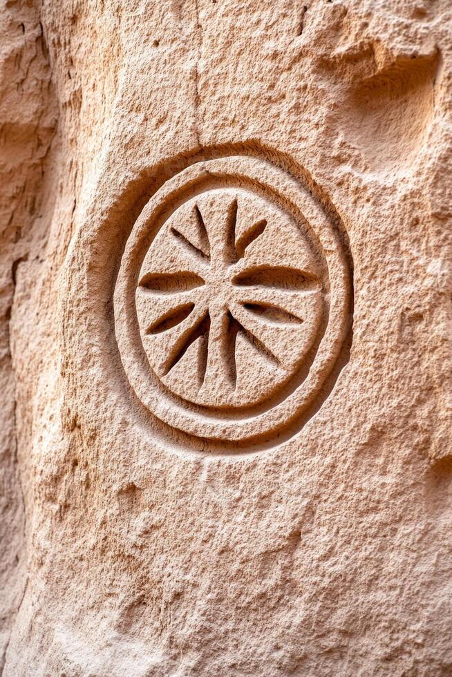 Ancient symbolic patterns carved into stone with worn textures and muted colors representing ancestral wisdom photo