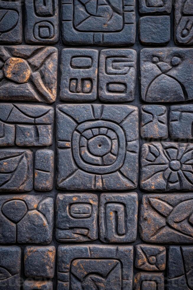 Ancient patterns carved into stone showcasing ancestral wisdom with textured surfaces and muted colors photo