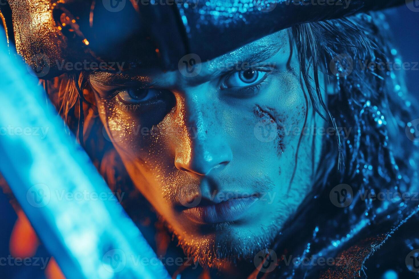 Anime pirate with a scarred face stands confidently on a stormy ship deck wielding a sword in a tense battle photo