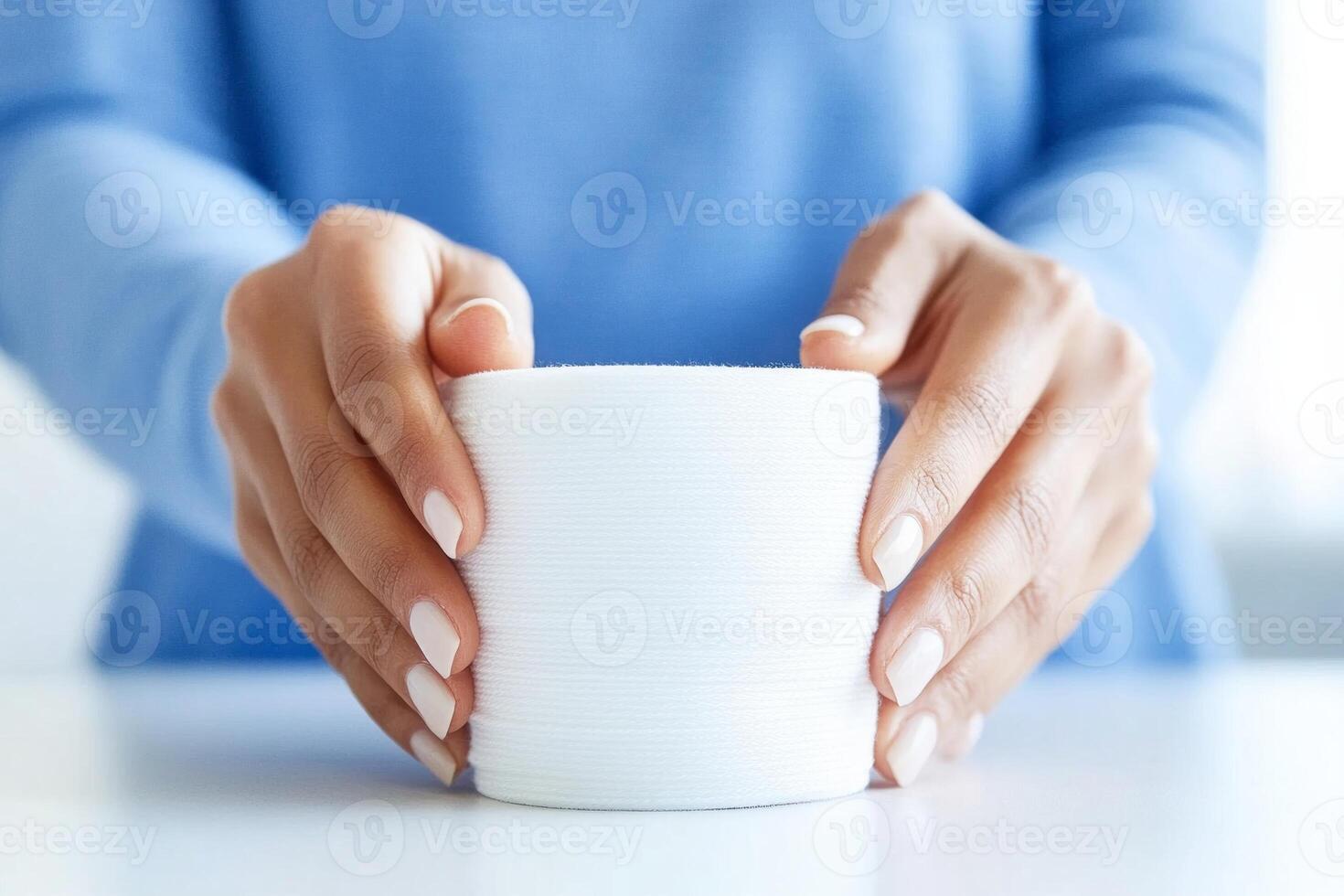 Hands wrapping an elastic bandage around a swollen ankle for effective injury support and care photo
