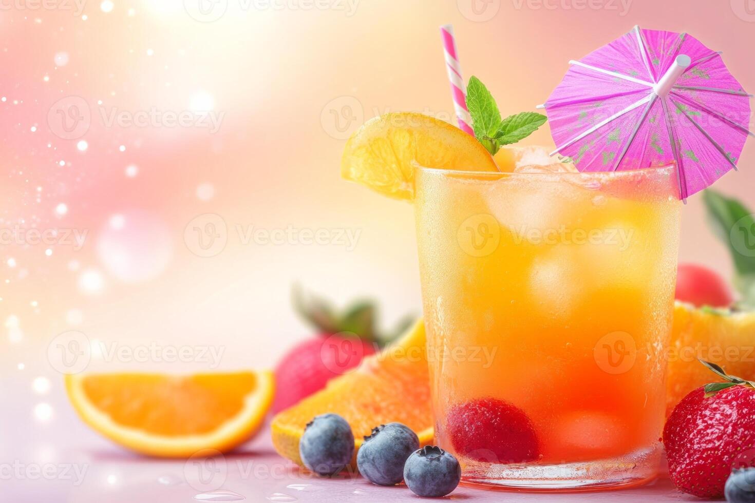 Tropical cocktail with vibrant orange and pink hues, garnished with fruit umbrellas, perfect for summer enjoyment photo
