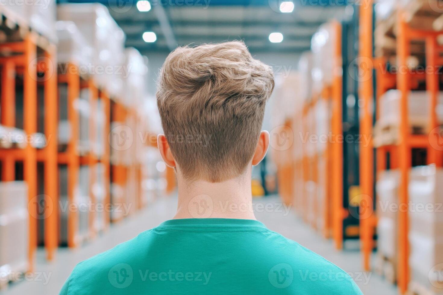 A man observes forklift operations in a spacious warehouse with organized shelving in the background photo