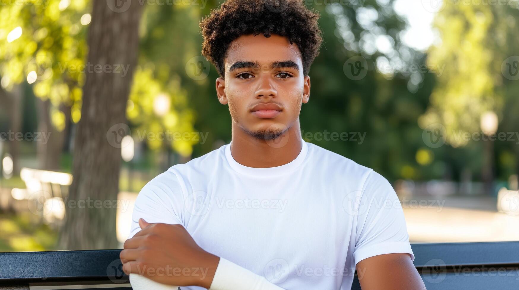Young athlete sitting on a bench outdoors with a bandaged hand, reflecting on injury and recovery in the daylight photo