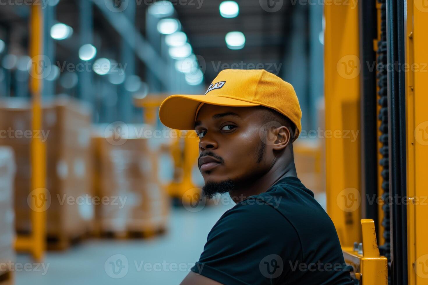 Serious worker in a warehouse on a forklift contemplating his next move in a focused environment photo