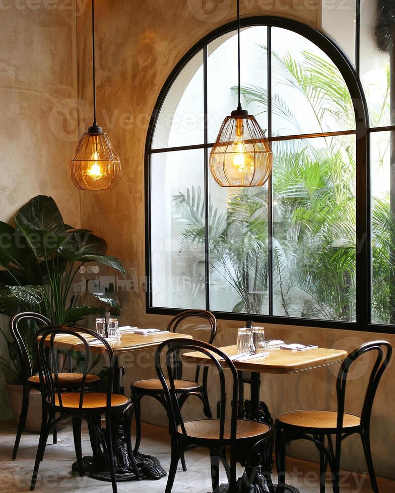 Cozy cafe interior with vintage decor and warm lighting for relaxation and dining photo