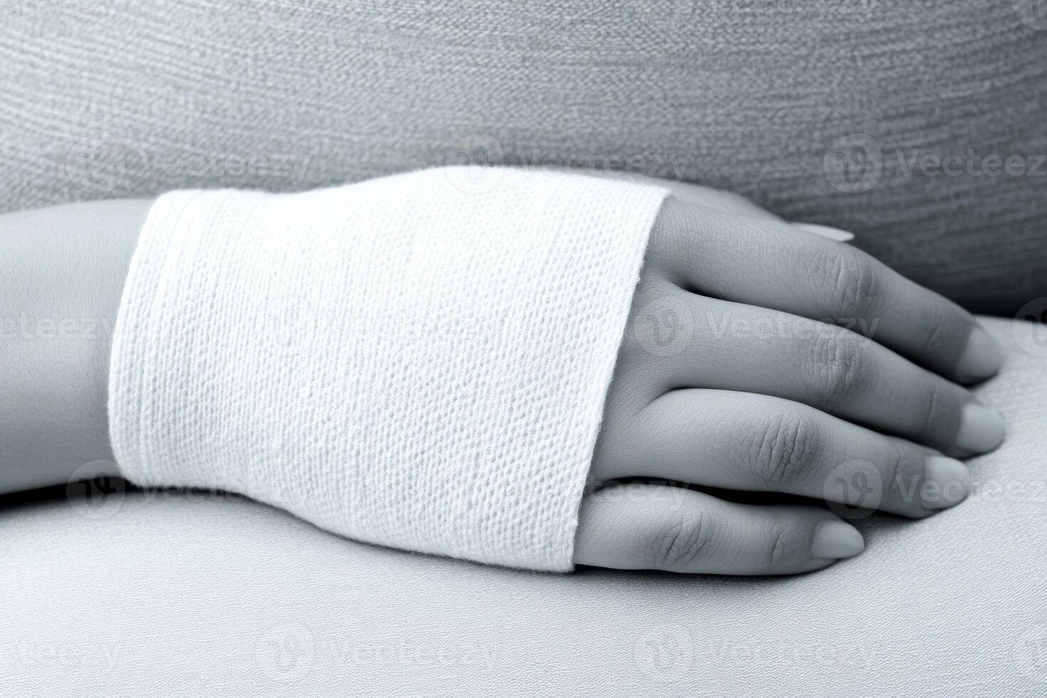 Close-up of a hand wrapped in an elastic bandage resting on a soft surface, symbolizing care and healing photo
