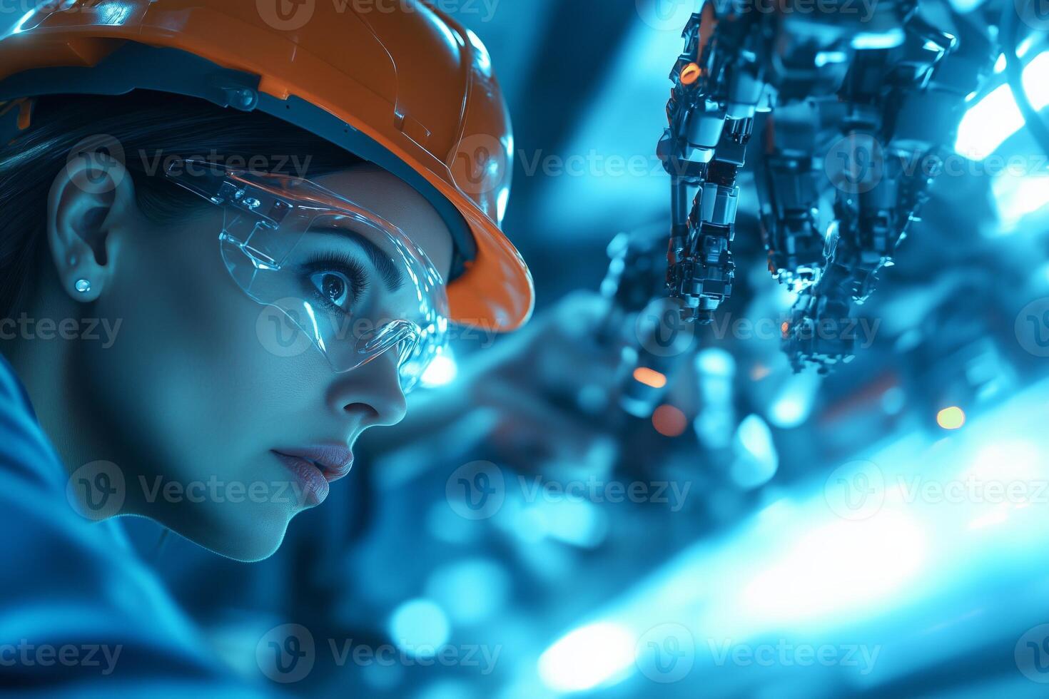 Engineers analyzing robotic arms in a production line with cold lighting and minimalistic background photo