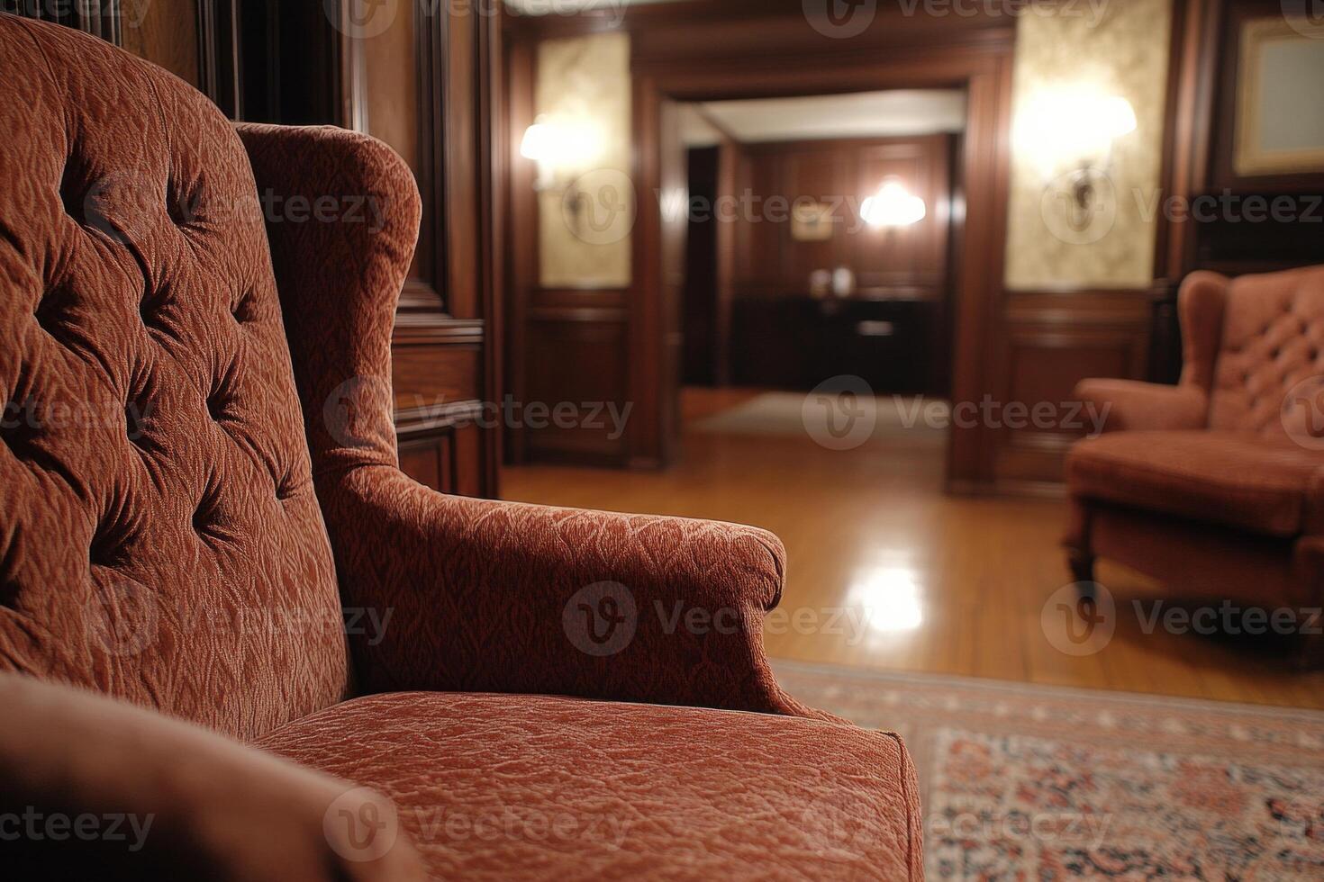Cozy vintage living room with plush velvet furniture and warm lighting for a relaxing atmosphere photo