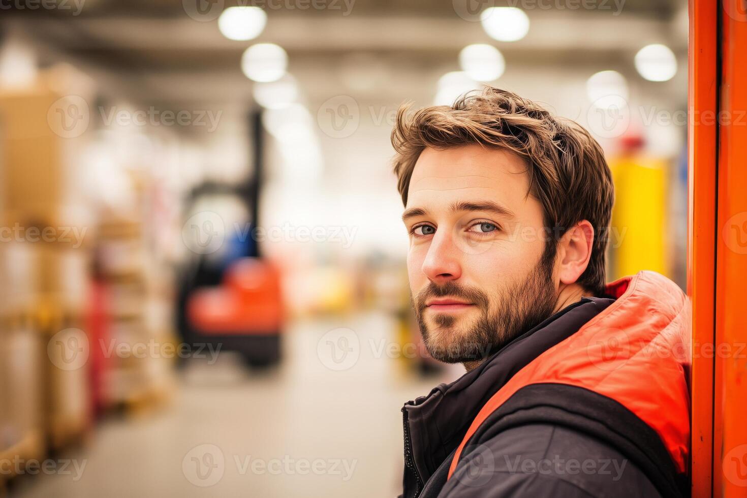 Focused man in a busy warehouse stands beside a forklift with a determined expression photo