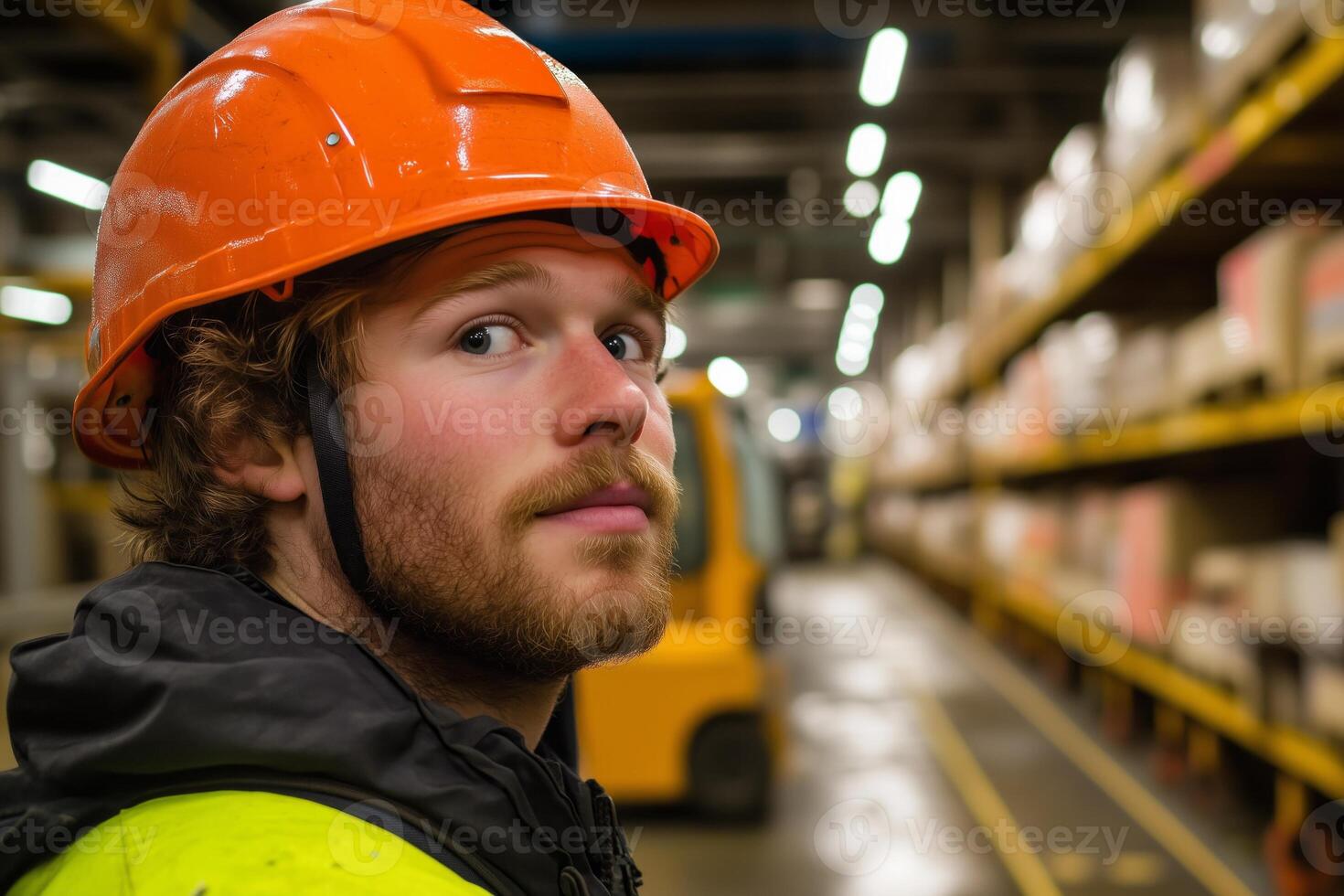 A focused warehouse worker wearing an orange helmet stands in a storage facility during a calm workday photo