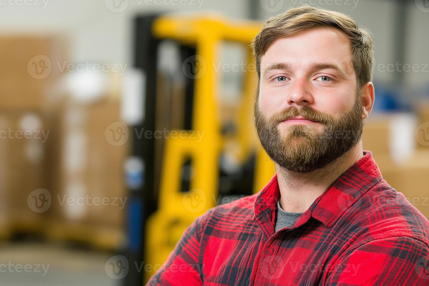 Focused man in a checkered shirt stands before a forklift in a busy warehouse environment photo