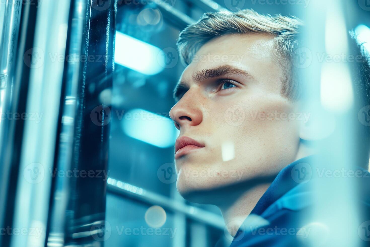 Worker with serious expression sits on forklift in warehouse highlighting focused atmosphere photo