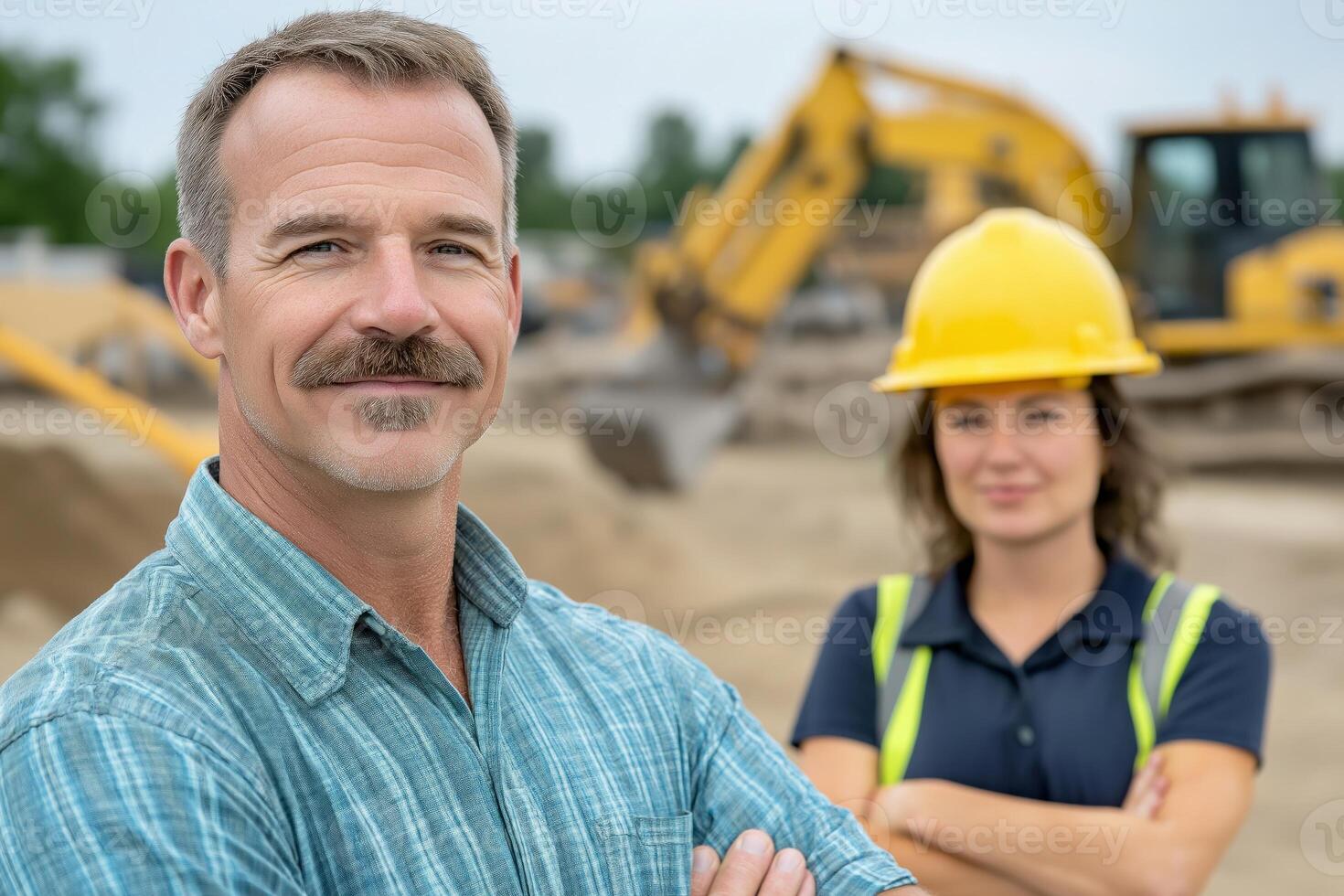Middle-aged man and young woman in hard hat at construction site with machinery during early evening photo