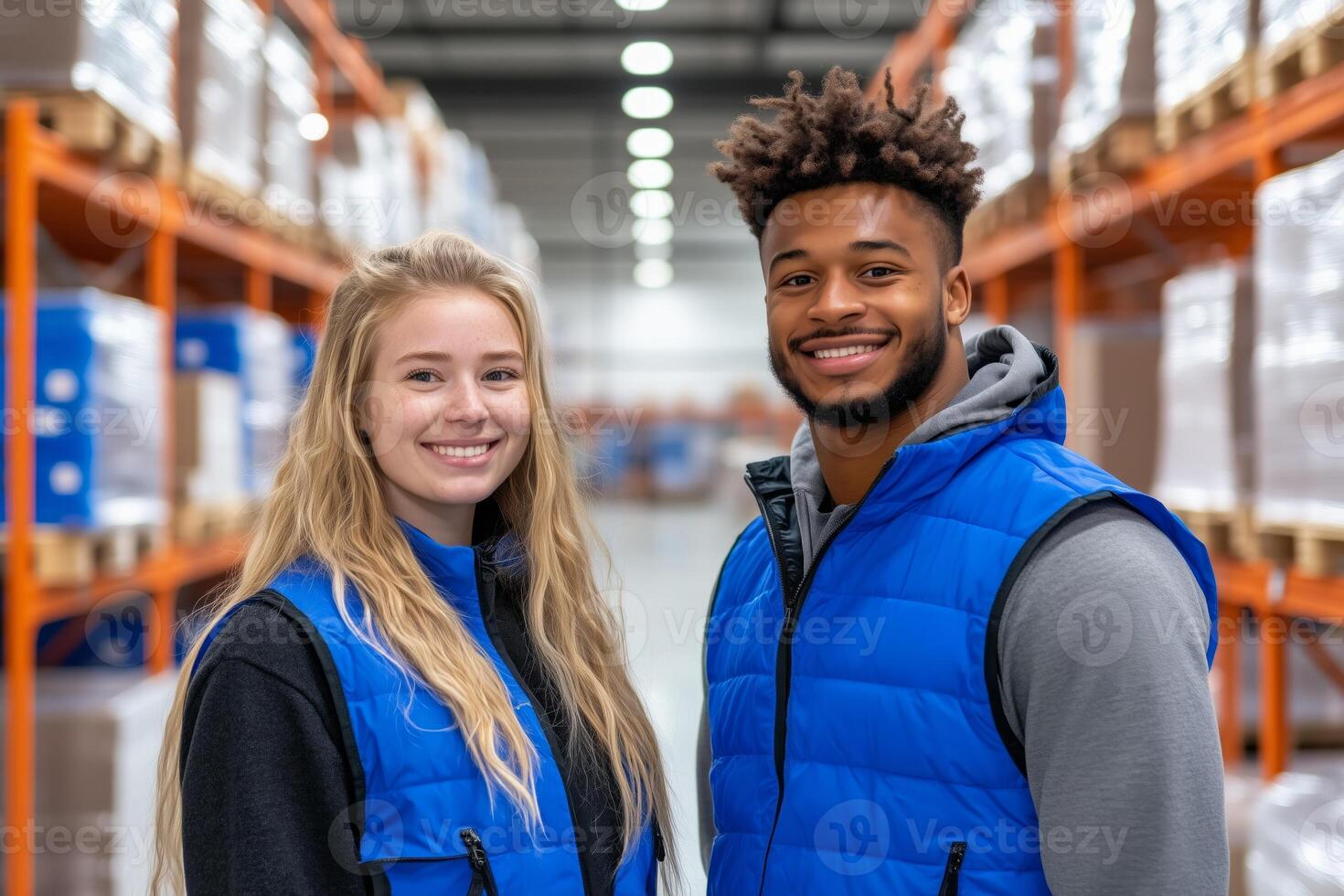 Two young friends posing with smiles in a warehouse during a bright day, showcasing their teamwork and camaraderie photo