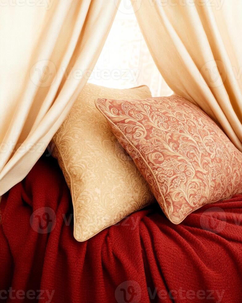 Cozy reading nook adorned with elegant pillows and warm blankets for a relaxing atmosphere photo