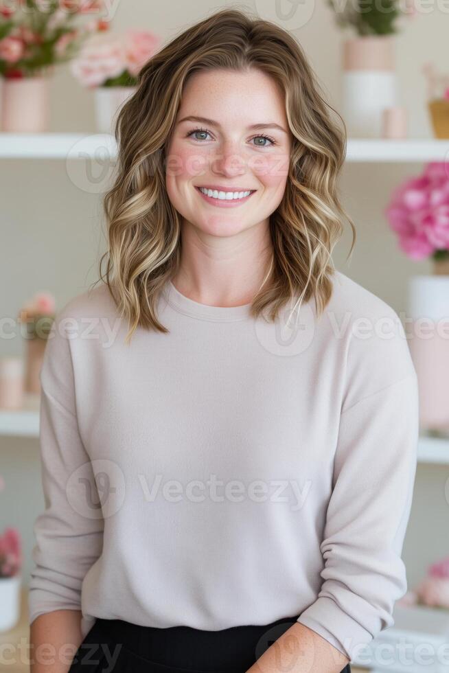 Tranquil workspace with earthy decor and a smiling woman in soft light for creative inspiration photo