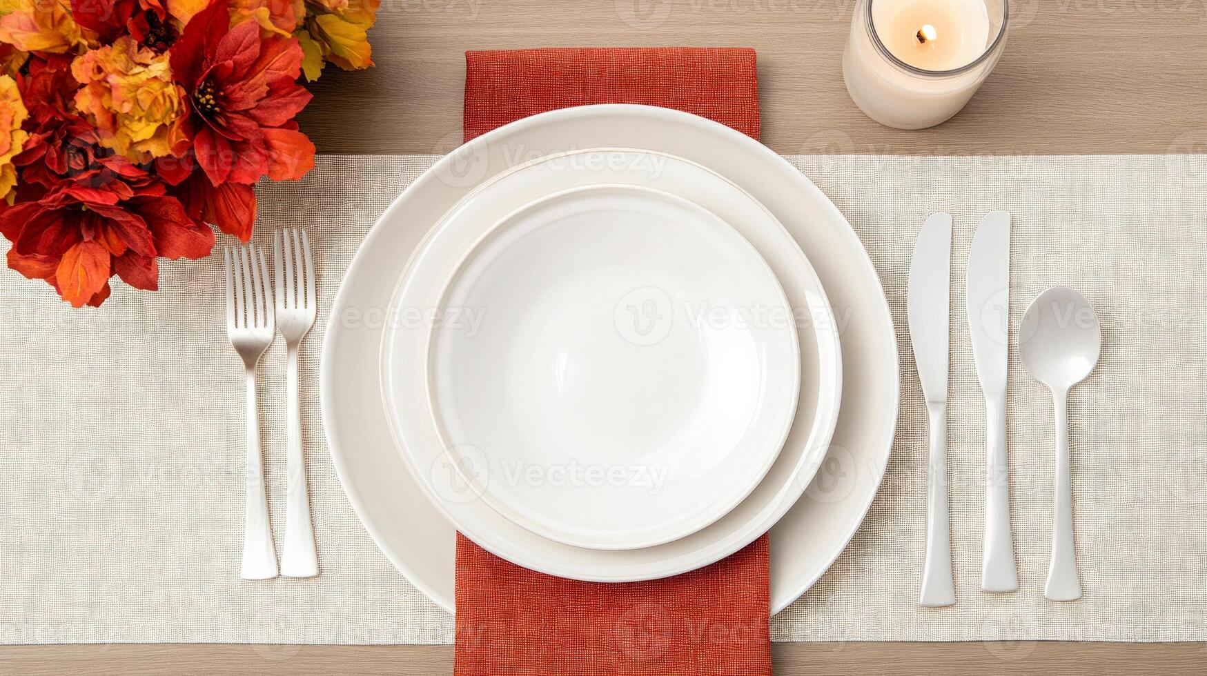 Cozy autumn table setting featuring warm tones and inviting decor for a seasonal gathering photo