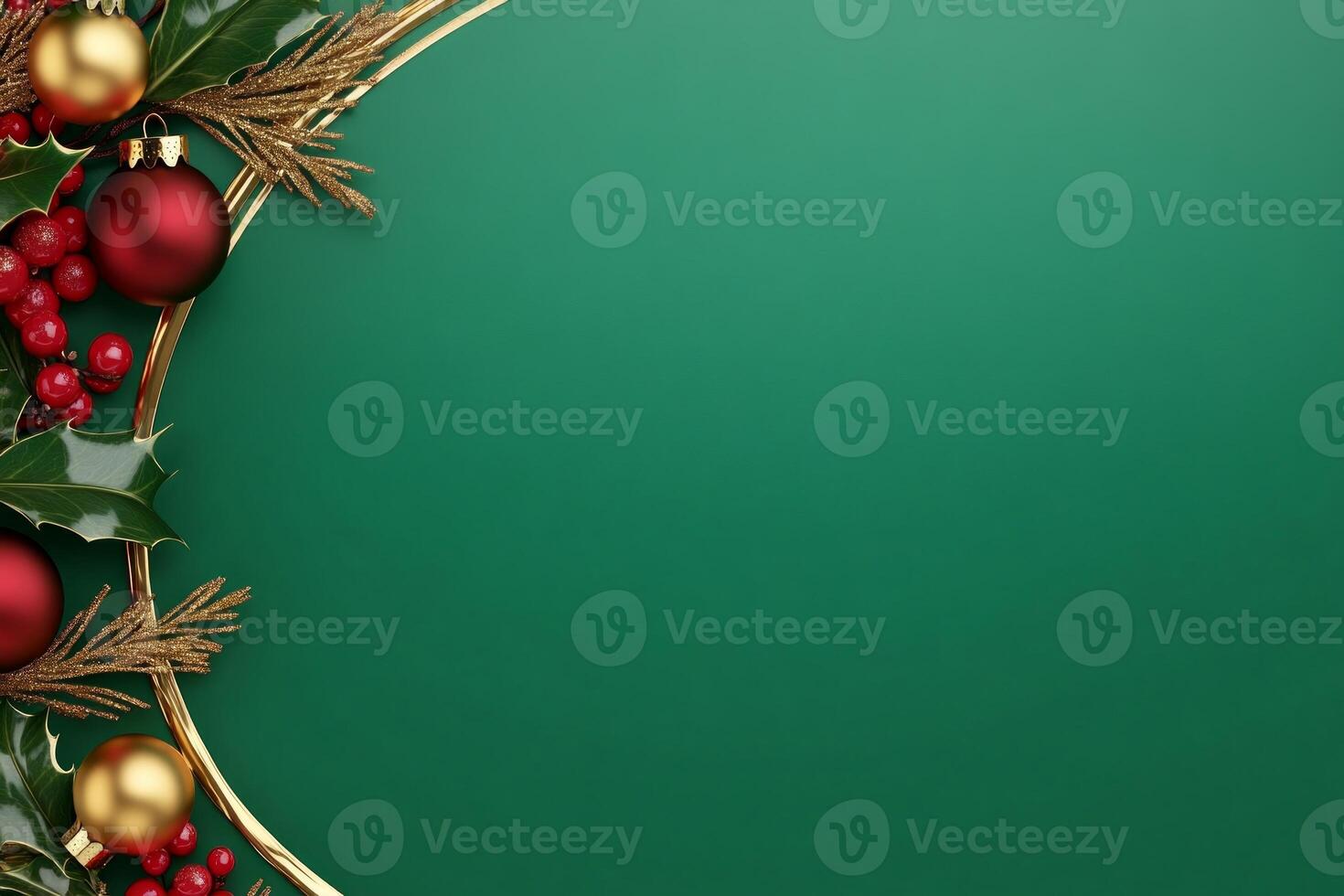 Elegant Christmas background with golden borders and festive decorations featuring holly leaves and ornaments photo
