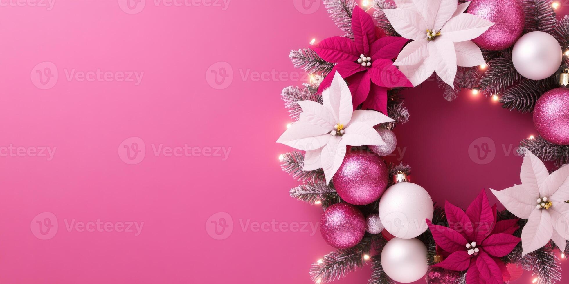 A beautiful Christmas wreath adorned with pink flowers and white ornaments against a soft glowing light backdrop photo
