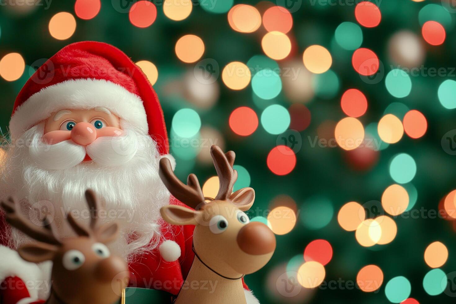 Santa Claus joyfully riding a sleigh pulled by reindeer amid festive bokeh lights on a magical Christmas night photo