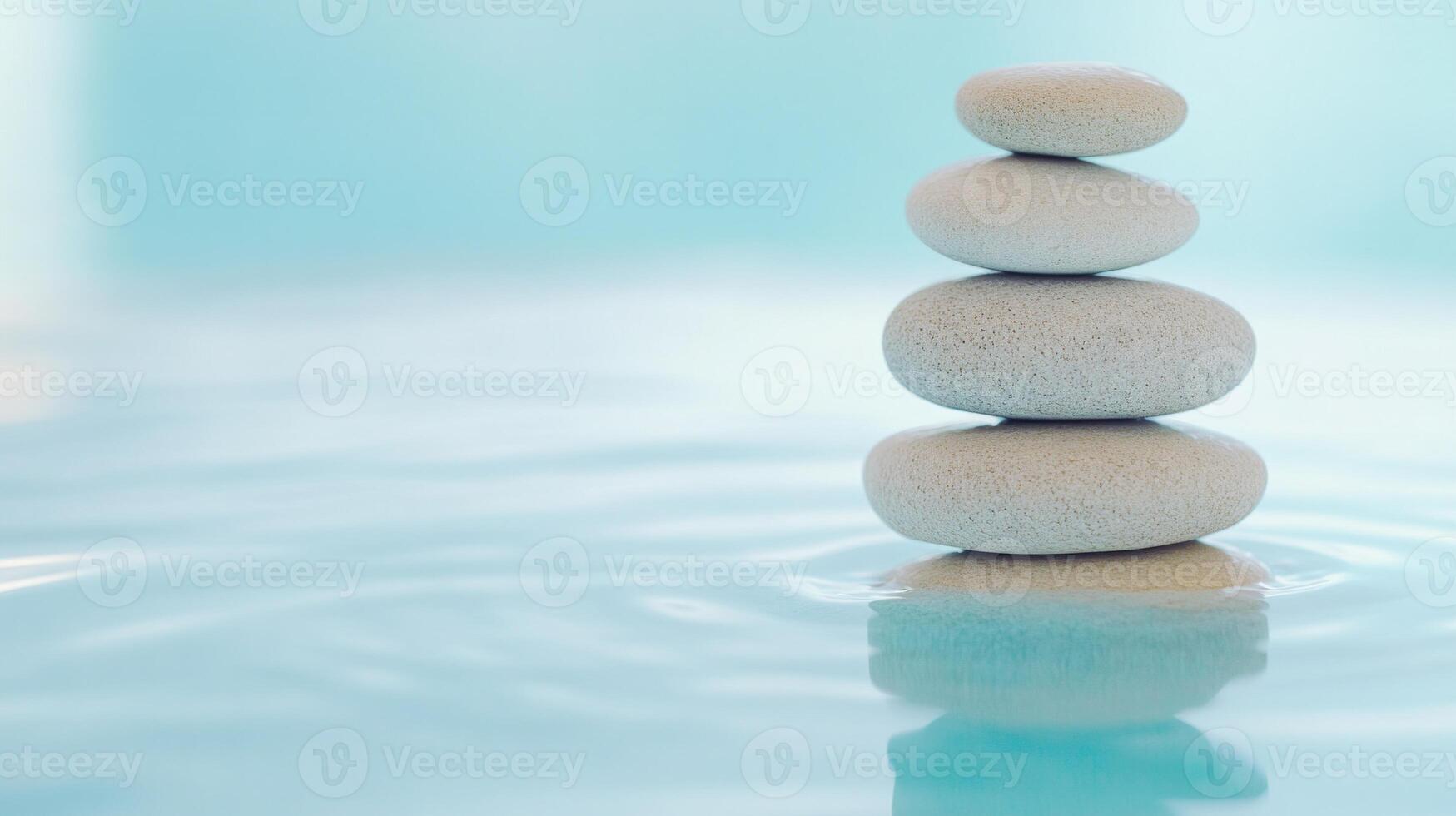Serene zen garden featuring a stone tower with reflective water and soft natural light creating a calming atmosphere photo