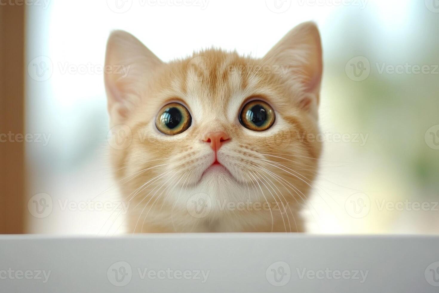 Surprised Scottish Fold kitten gazing curiously while being held in a sunlit clinic photo