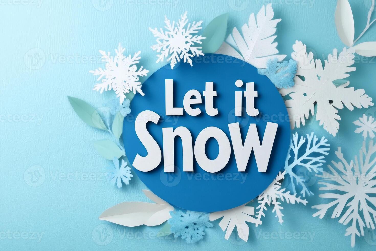 Cozy holiday decoration featuring Let it Snow sign surrounded by snowflakes and festive elements on a light backdrop photo