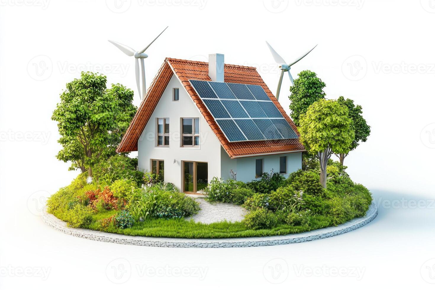 Eco-friendly house with solar panels and wind turbines surrounded by lush greenery for sustainable living photo