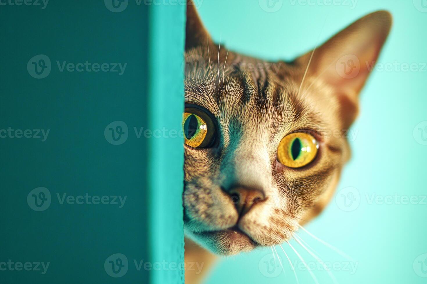 Curious sphynx cat peering from behind a wall in a sunny veterinary clinic during the day photo