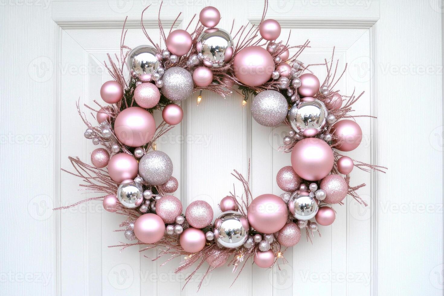 Elegant pink wreath adorned with silver ornaments and warm string lights hung on a minimalist door photo