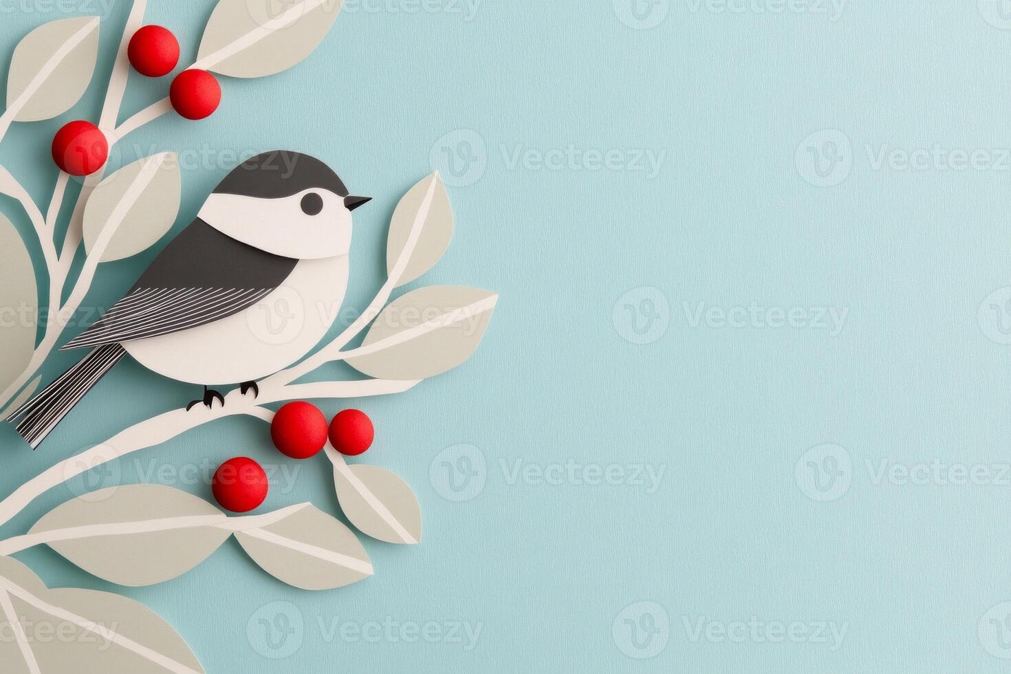 A winter bird perched gracefully on a snowy branch with red berries against a soft blue background photo