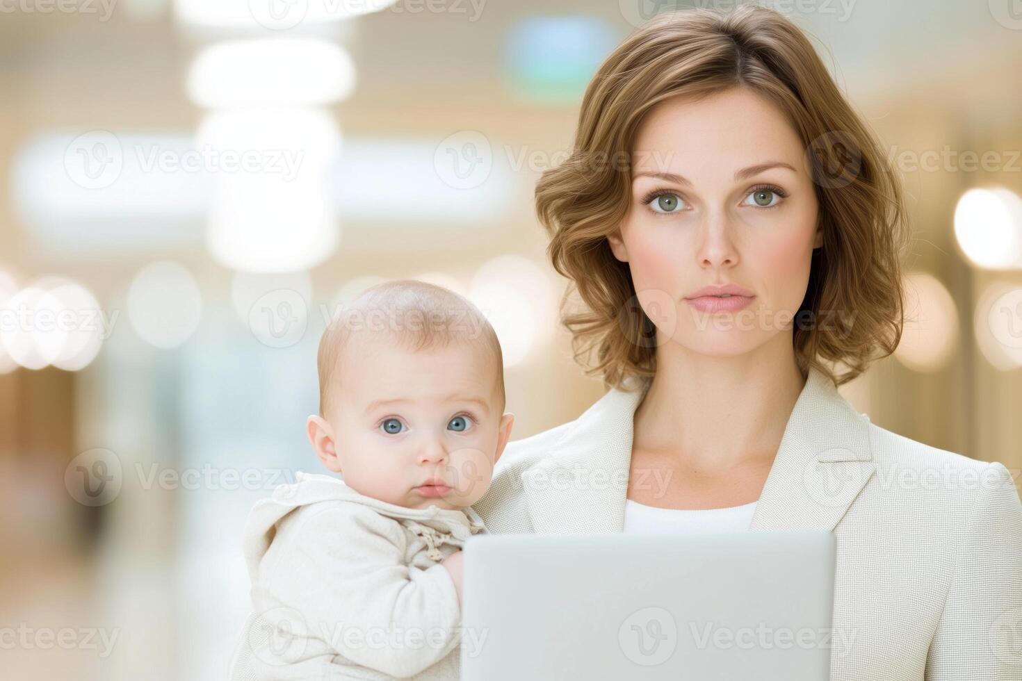 Modern mother balancing career and parenting with laptop and baby in contemporary home environment photo