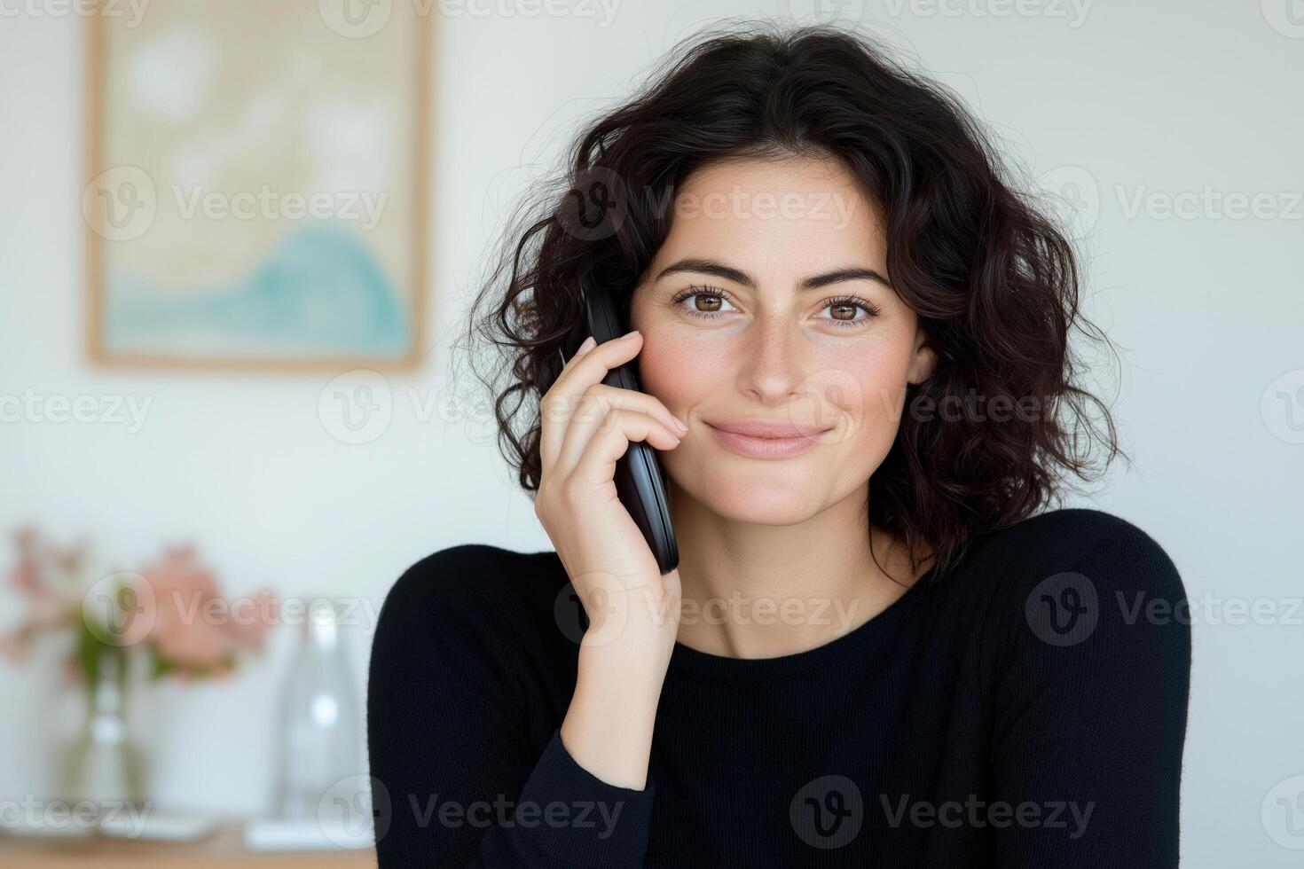 Friendly woman smiling while talking on a smartphone in a cozy indoor setting with soft lighting photo