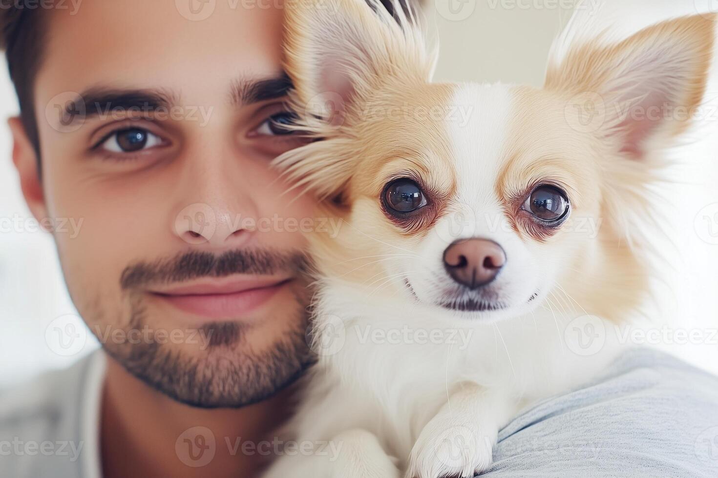 A young male veterinarian holds a Chihuahua in a clinic setting while they share a warm moment of connection photo