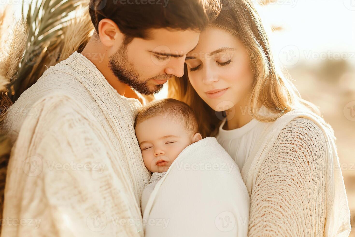 Gentle embrace of holy family in warm natural light with earthy textures, showcasing love and togetherness photo