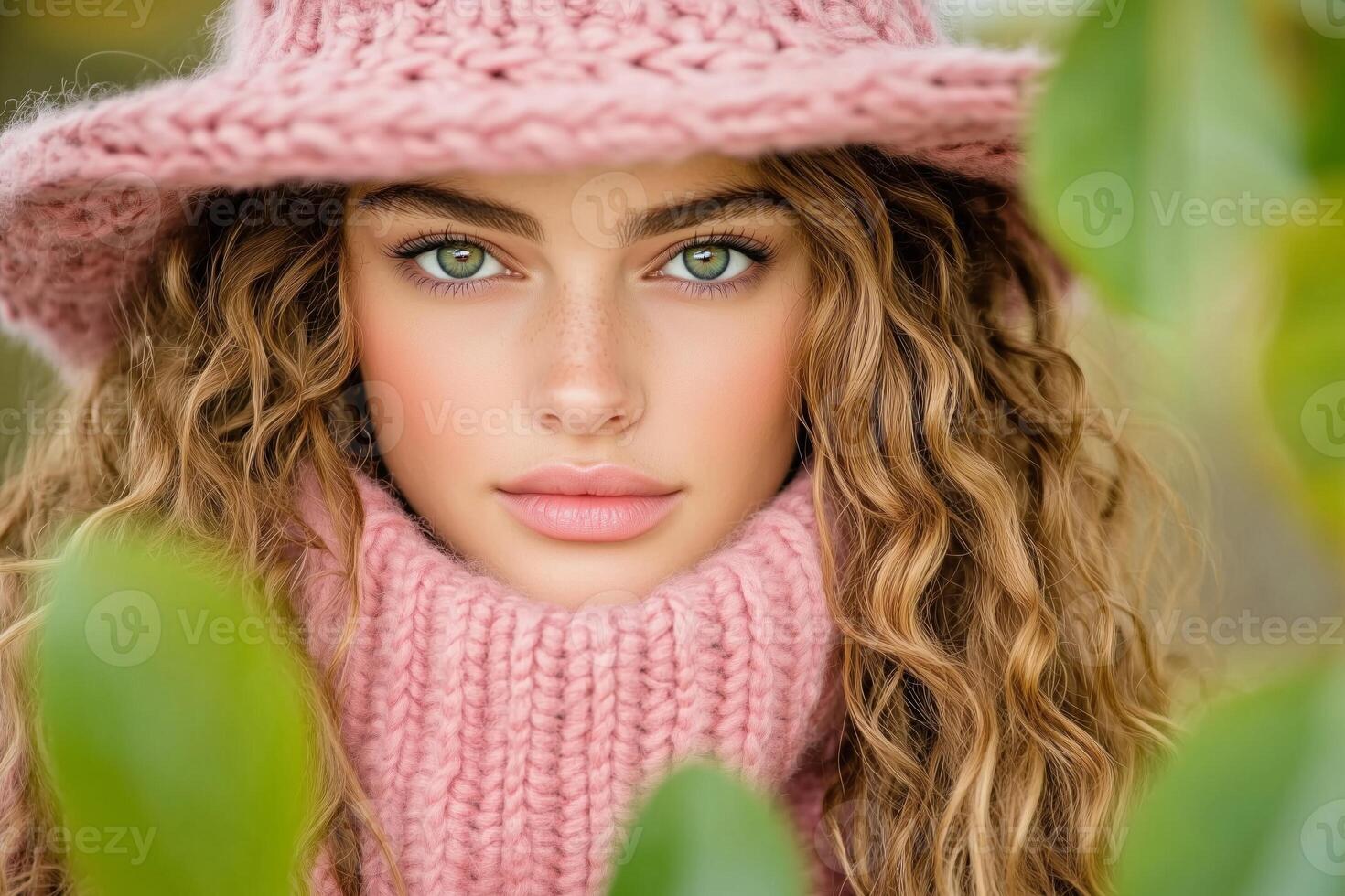 Fashion model showcasing a soft pink cardigan and accessories in a serene outdoor green setting photo