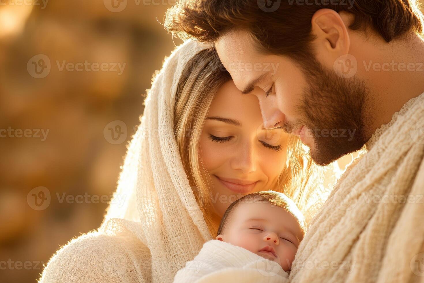 Holy family in a serene moment filled with love and tenderness, embracing their newborn in a calm, warm setting photo