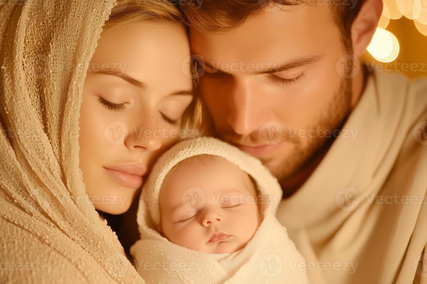 Tender moment of a holy family with loving parents embracing their newborn in warm candlelight photo