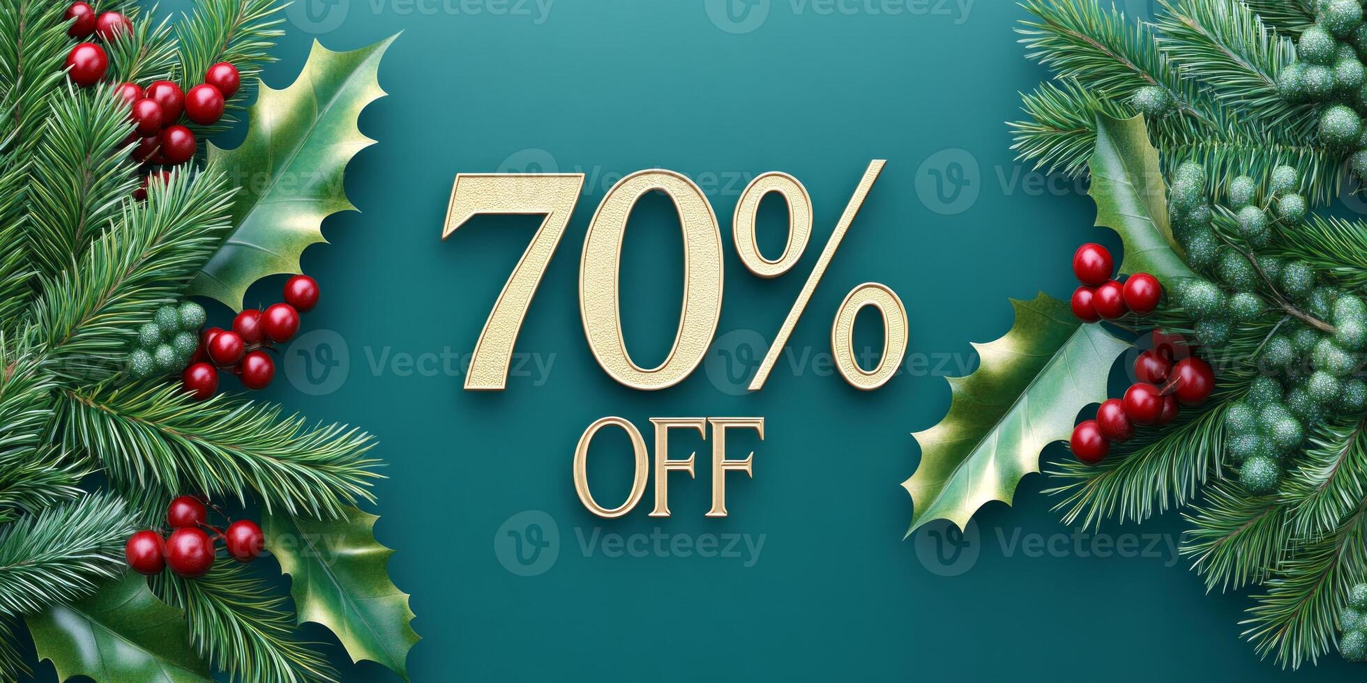 Celebrate the season with an elegant 70 percent discount framed by festive holly and berries on a luxurious backdrop photo