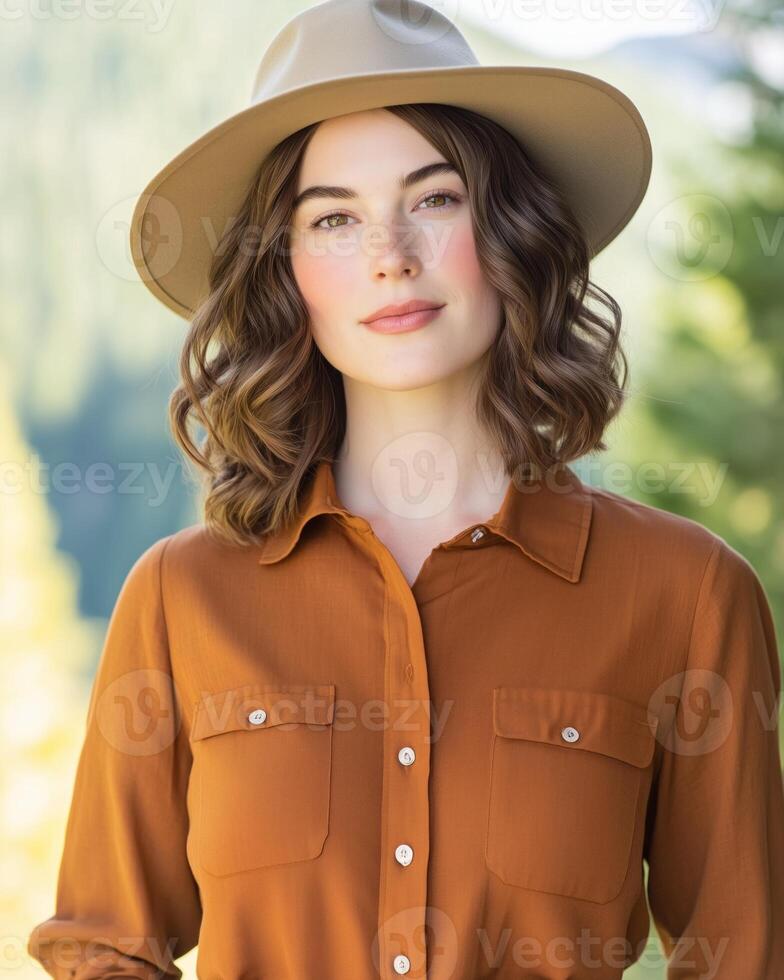 Woman exploring a sunlit forest while on a nature hike in earth-tone attire photo