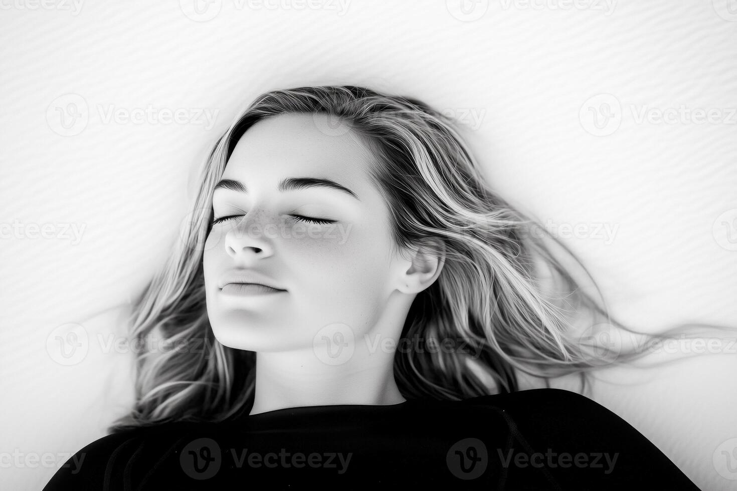 A woman relaxes on a surfboard, enjoying a peaceful moment on calm waters in a bright coastal setting photo