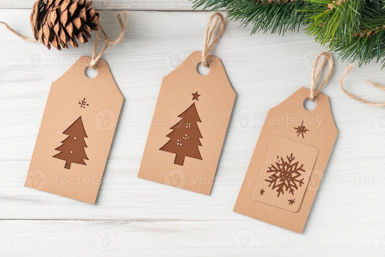 Set of minimalist kraft paper holiday gift tags featuring Christmas trees and snowflakes for a rustic festive touch photo