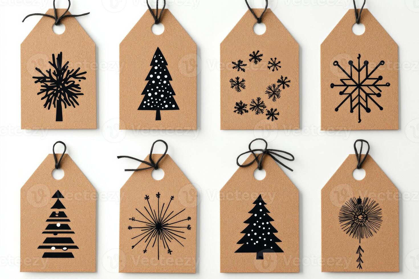 Minimalist holiday gift tags featuring various Christmas tree designs and snowflakes on a neutral background photo