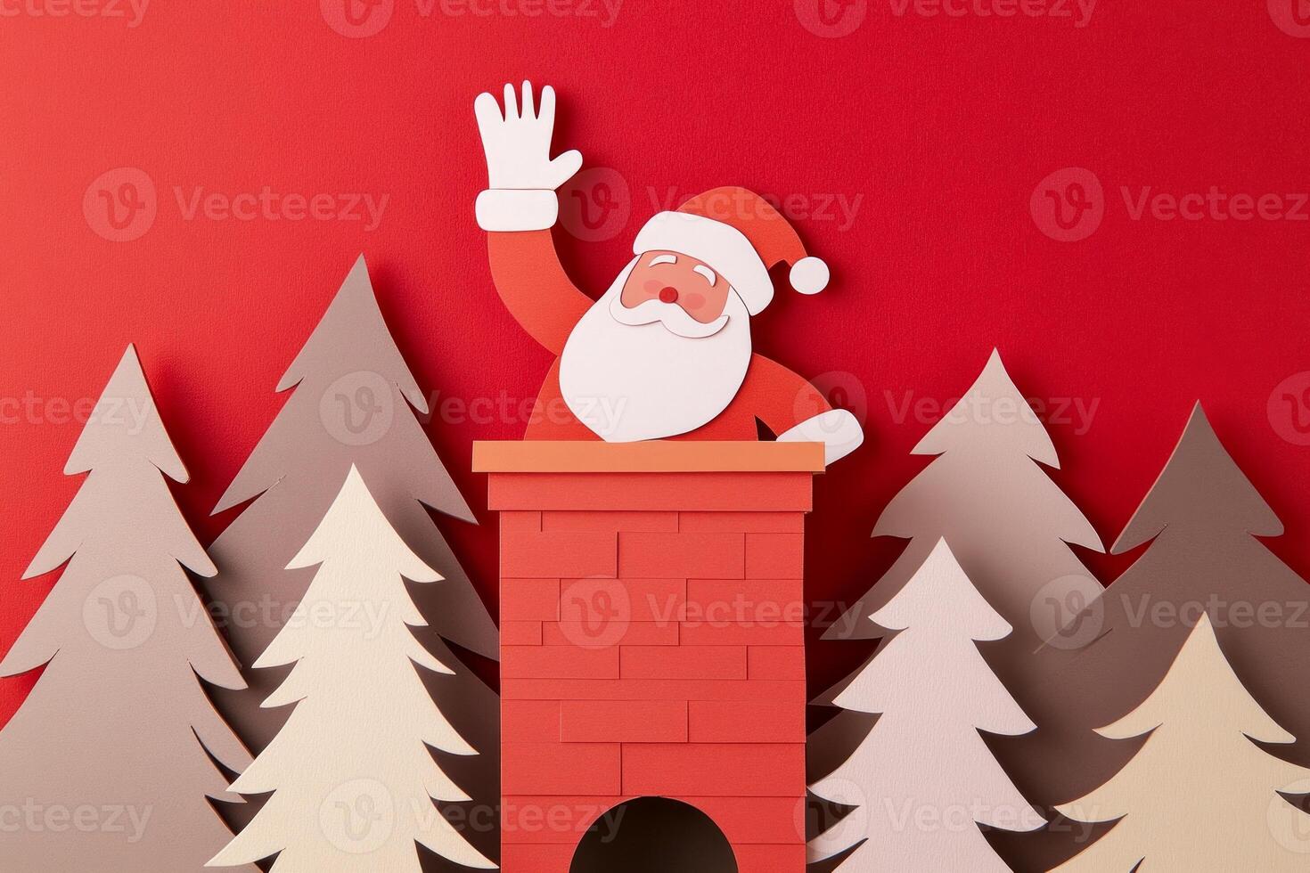 Santa Claus waves cheerfully from a chimney in playful paper cutout style on a bright red background photo