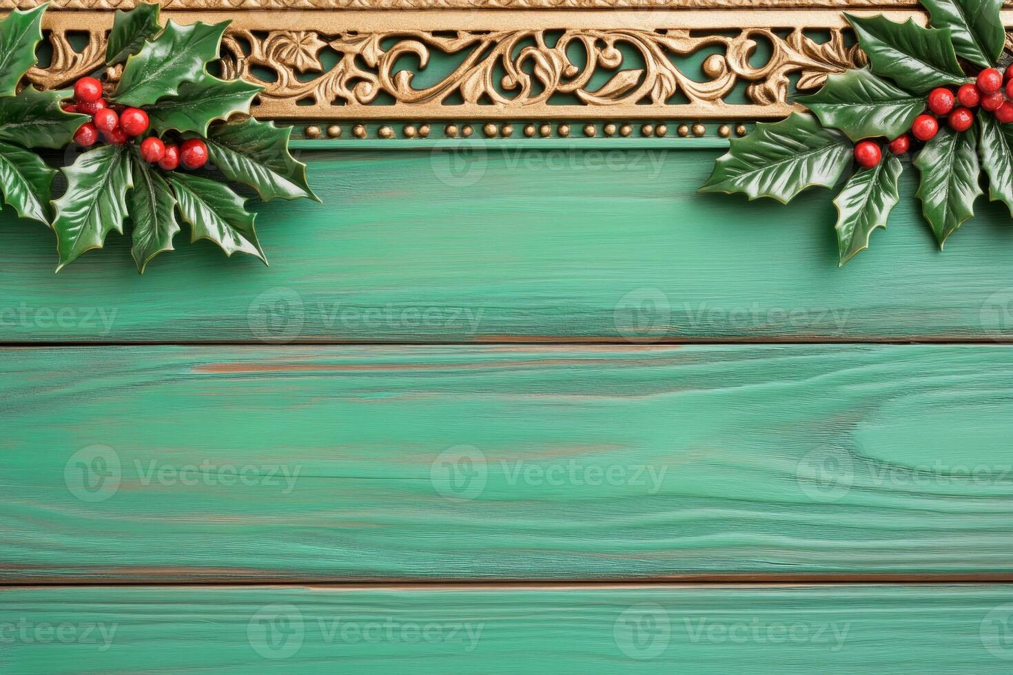 Elegant Christmas backdrop featuring intricate golden borders and holly leaves perfect for holiday promotions photo